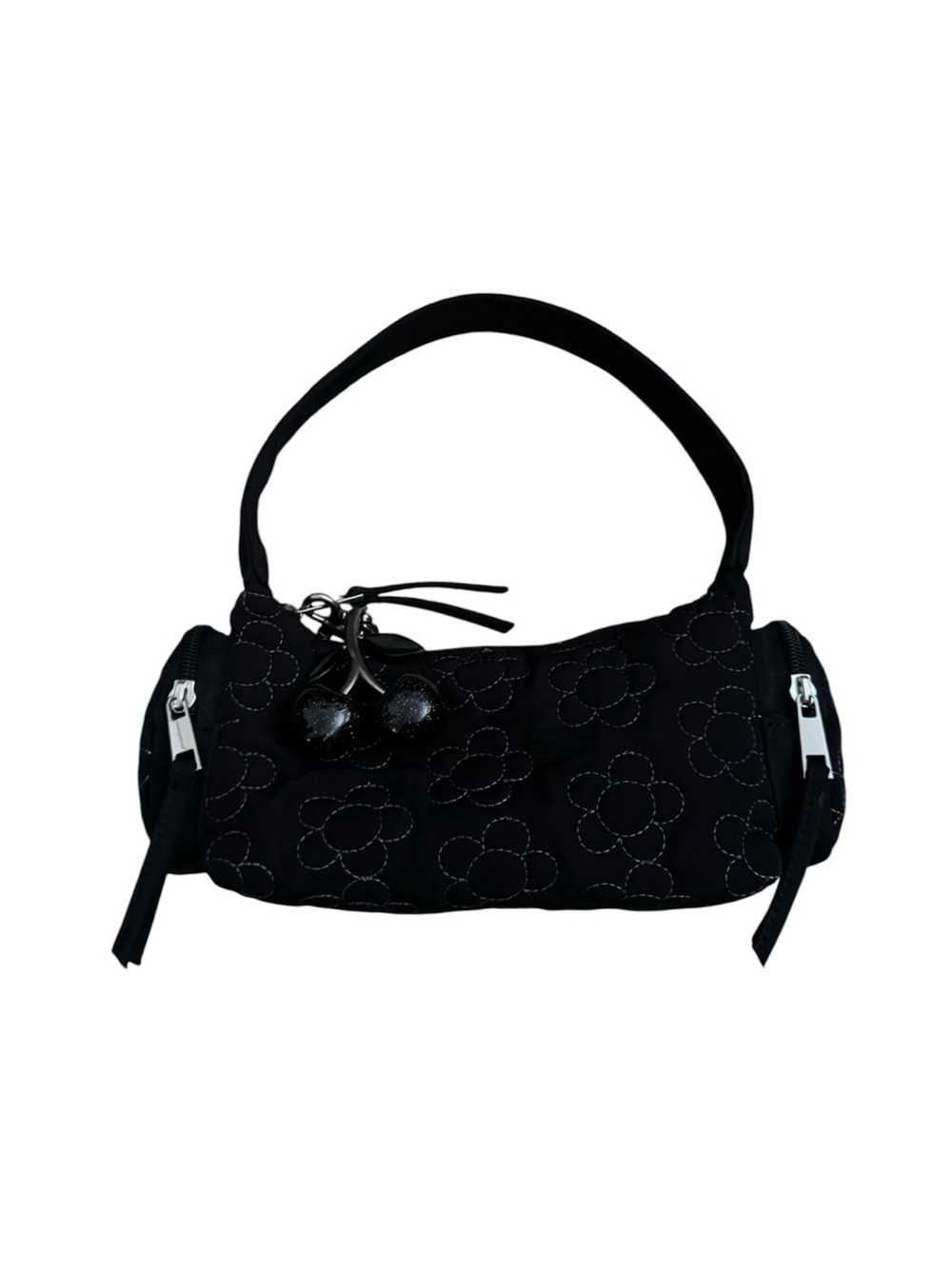 Floral Stitch Quilted Nylon Shoulder Bag with Cherry Charm